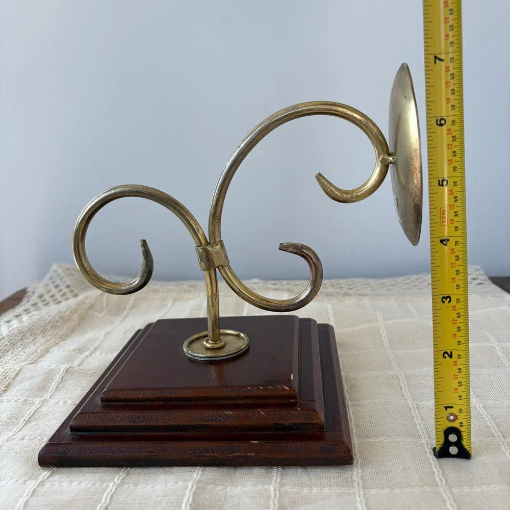 Vintage Wood and Brass Wall Sconce Pillar Candle Holder Scroll Design 6in Plaque